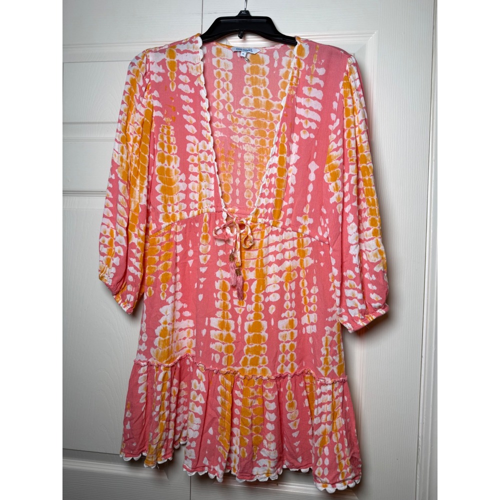 Blue Island‎ Pink Yellow Tie Dye Boho Tassel Mini Dress Tunic Top Small